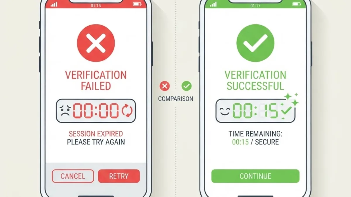 Failed verification screen with red X next to a successful green checkmark screen