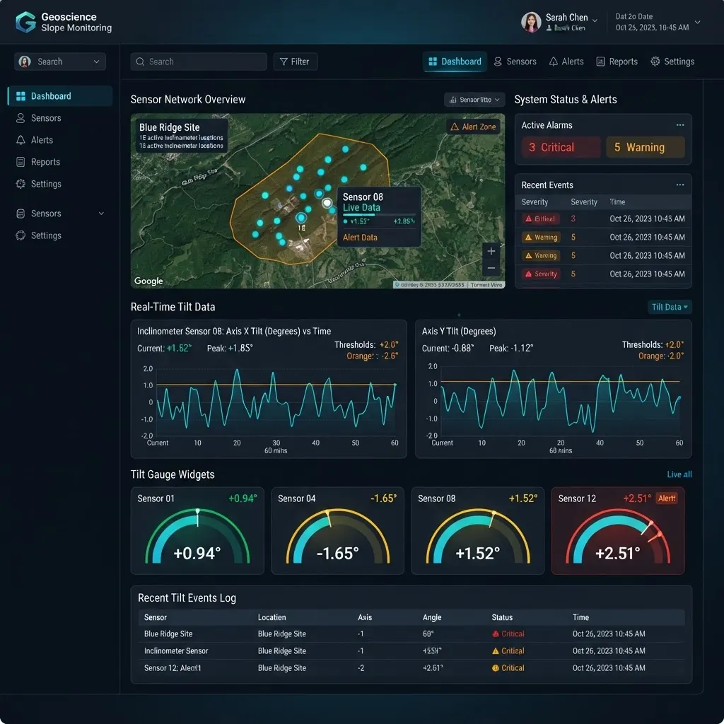 Real-time inclinometer tilt monitoring dashboard