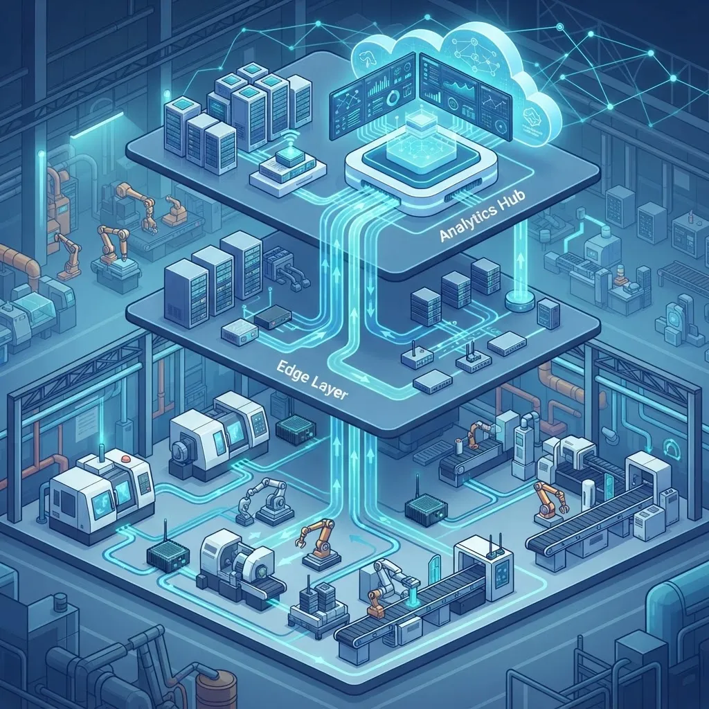 Industrial IoT monitoring system architecture connecting machines to a central hub