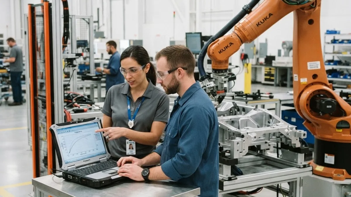 Engineers reviewing robot arm motor torque specifications on a factory floor