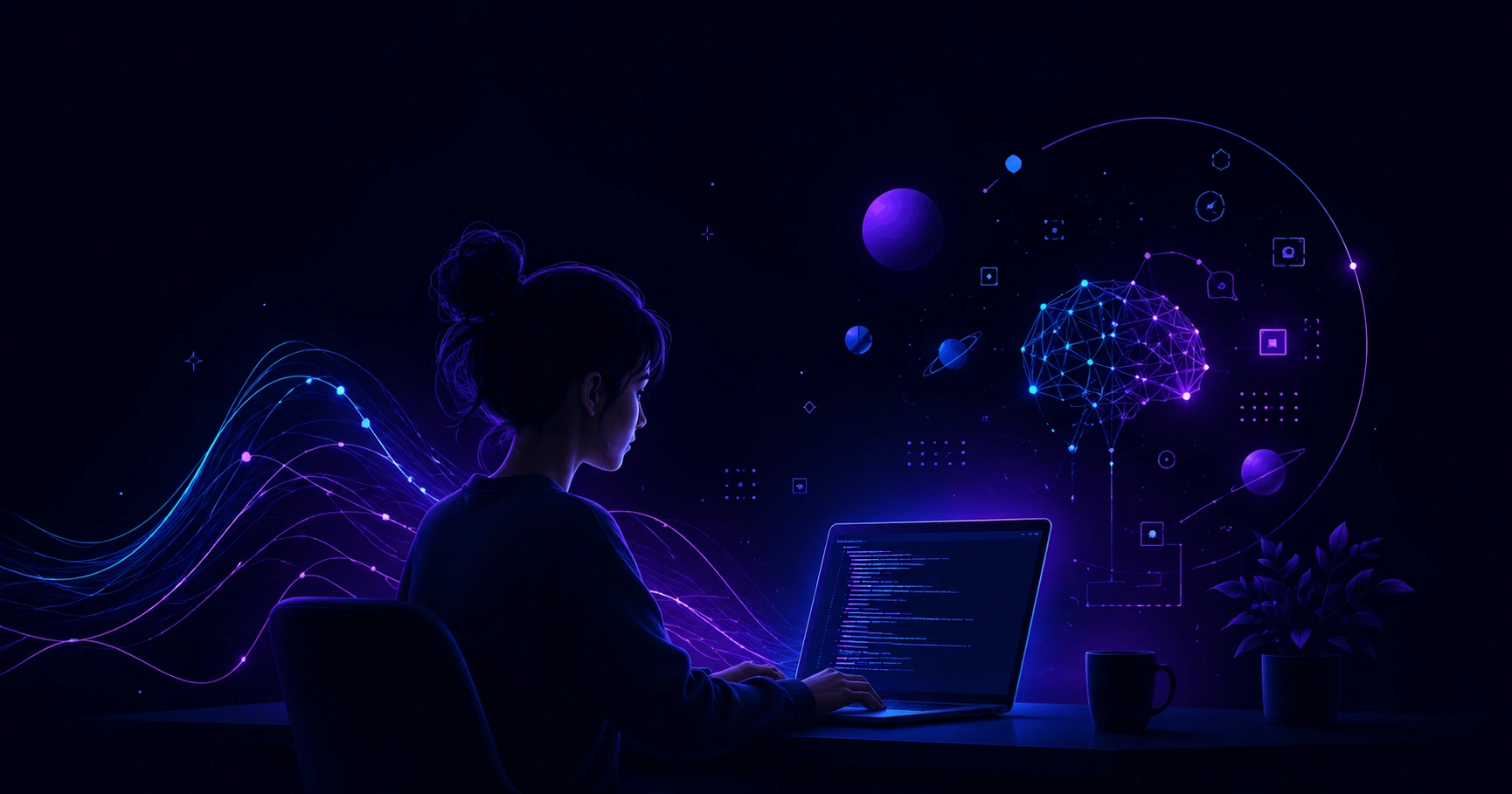 Calm INFP developer working thoughtfully at a minimal desk with code on screen