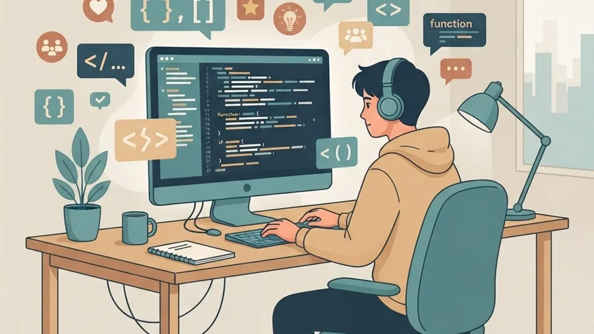 Developer deeply focused on code with abstract logic and empathy icons