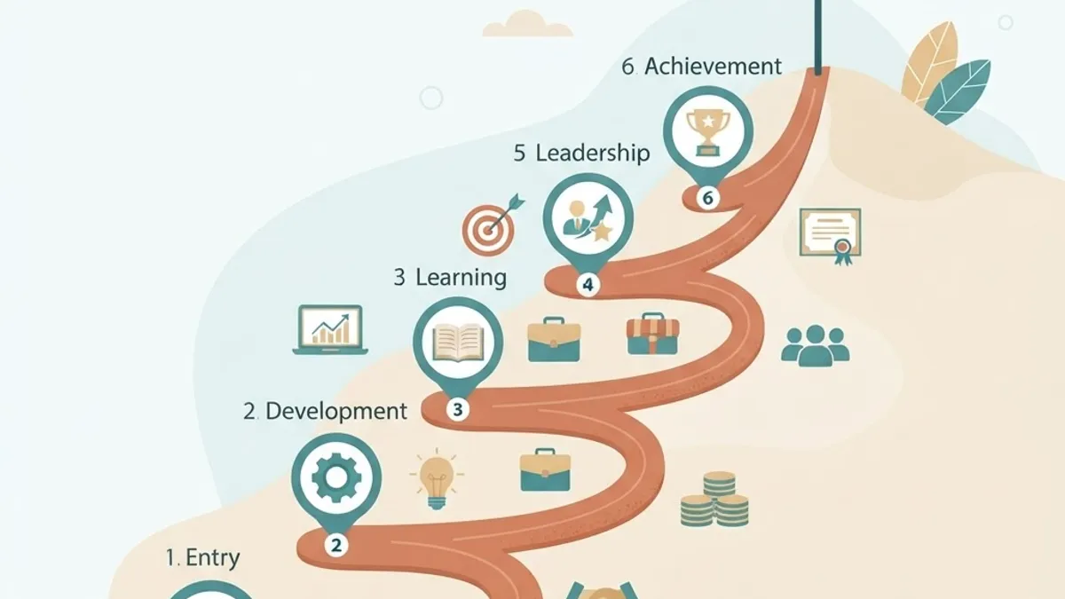 Career growth roadmap with milestone markers and skill icons