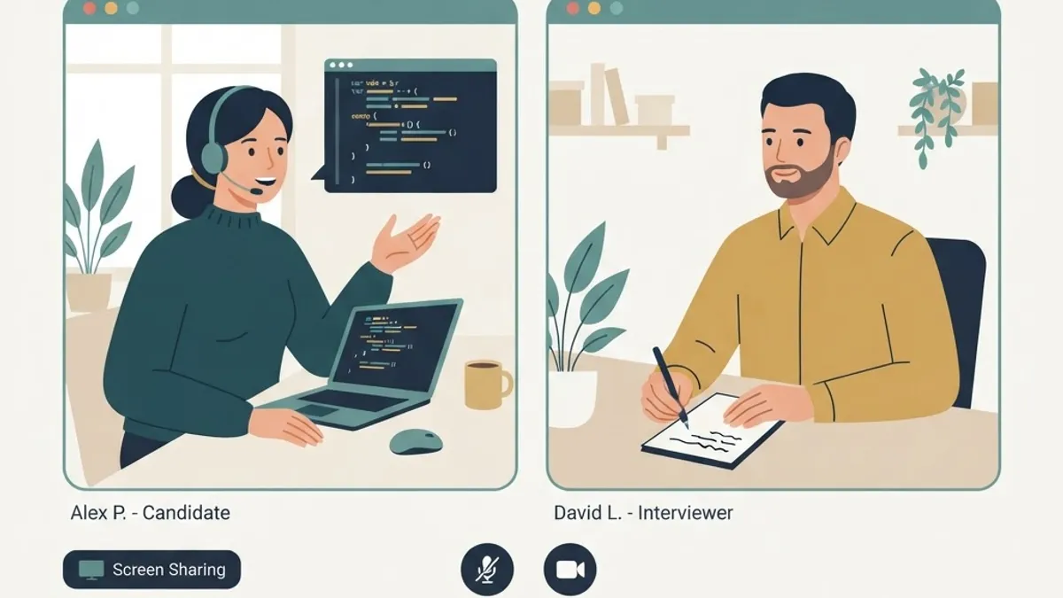 Calm video call technical interview with shared code screen