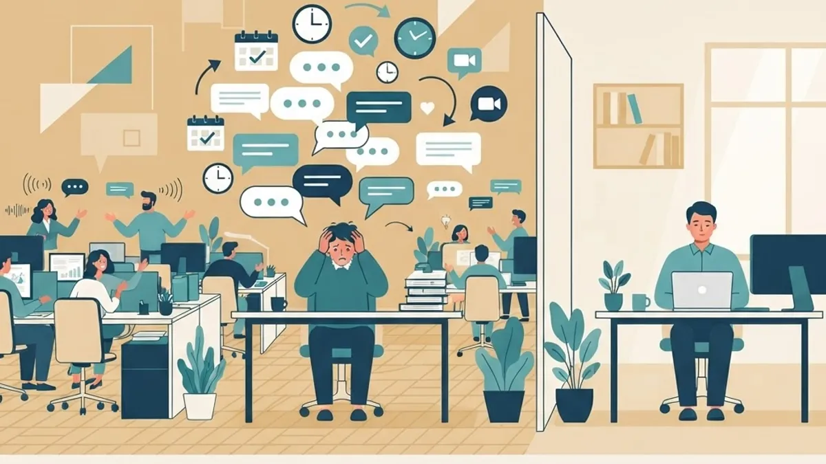 Quiet person overwhelmed by notifications in an open plan office