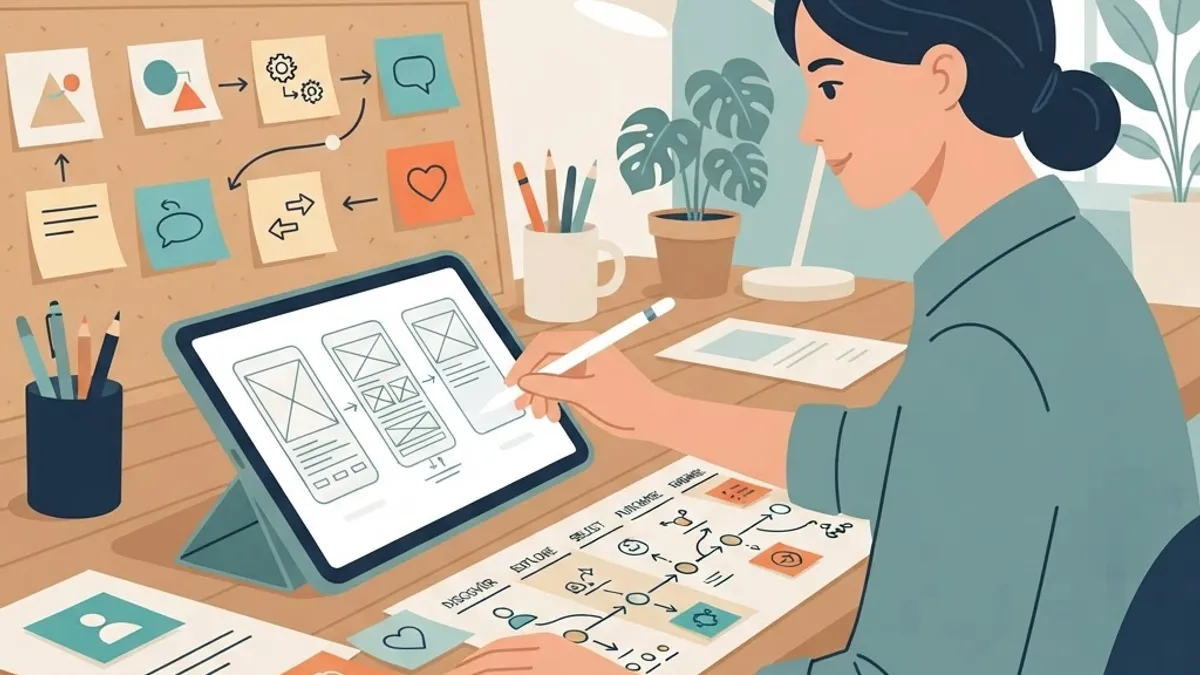 UX designer sketching wireframes beside a user journey map