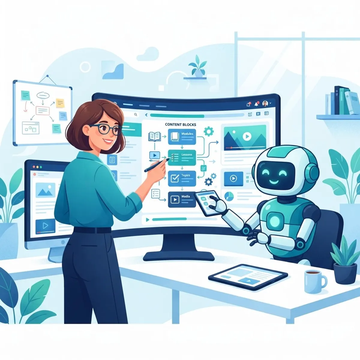 Instructional designer collaborating with an AI assistant to build a course