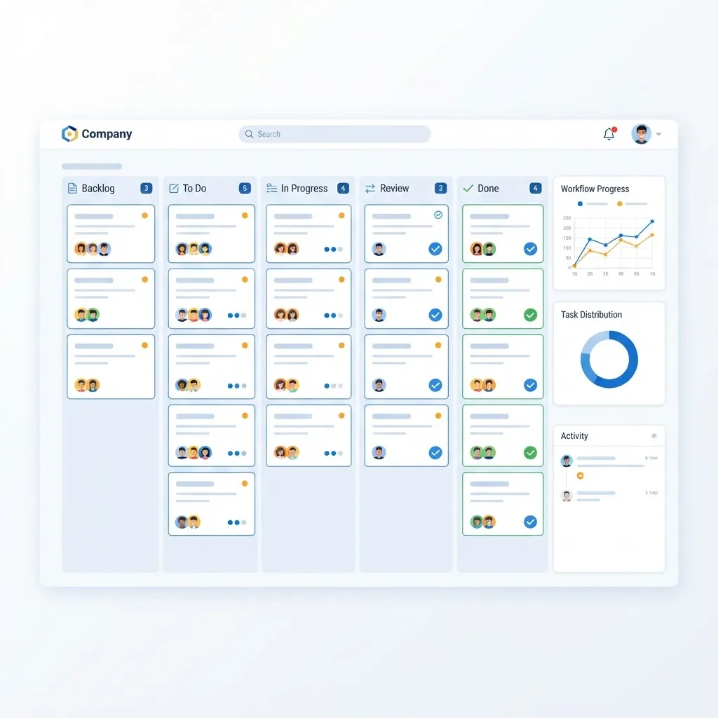 Internal business web application workflow board with task cards and approvals