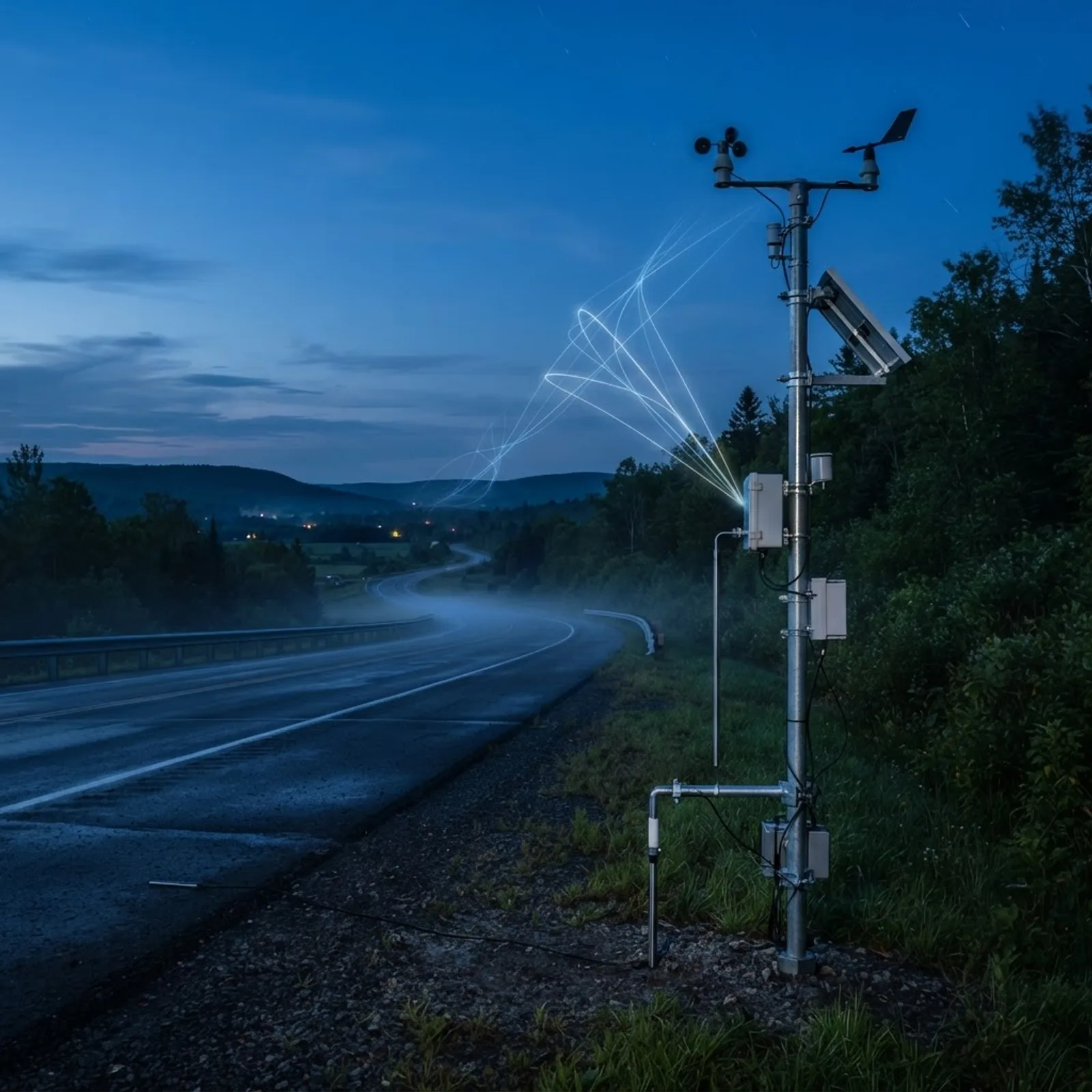 Roadside IoT weather sensor station transmitting data on a rural highway