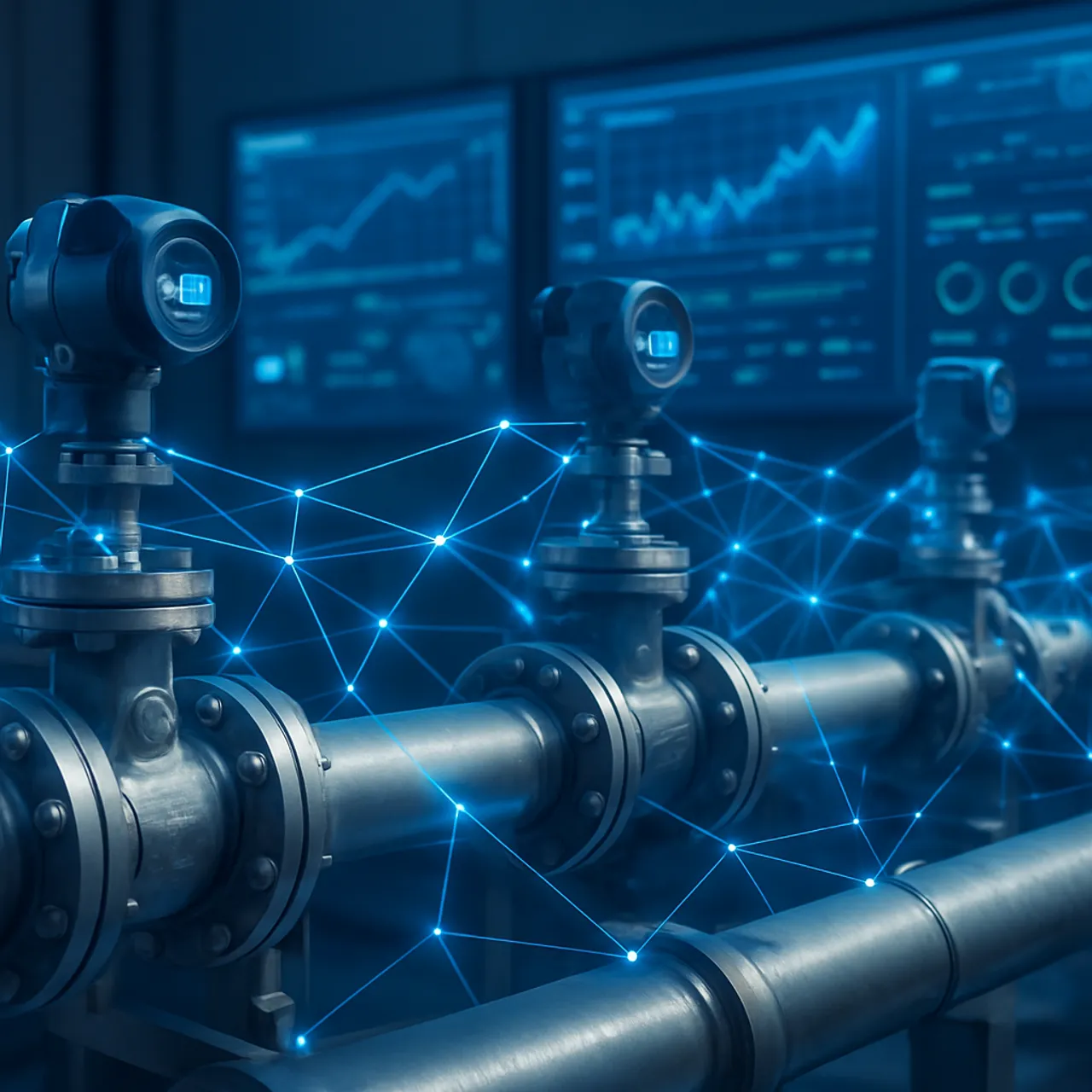 Industrial pipeline valves fitted with connected IoT sensors and real-time data monitoring