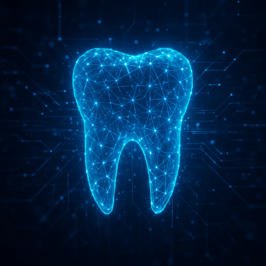 Futuristic concept of AI in dentistry with a digital tooth made of data