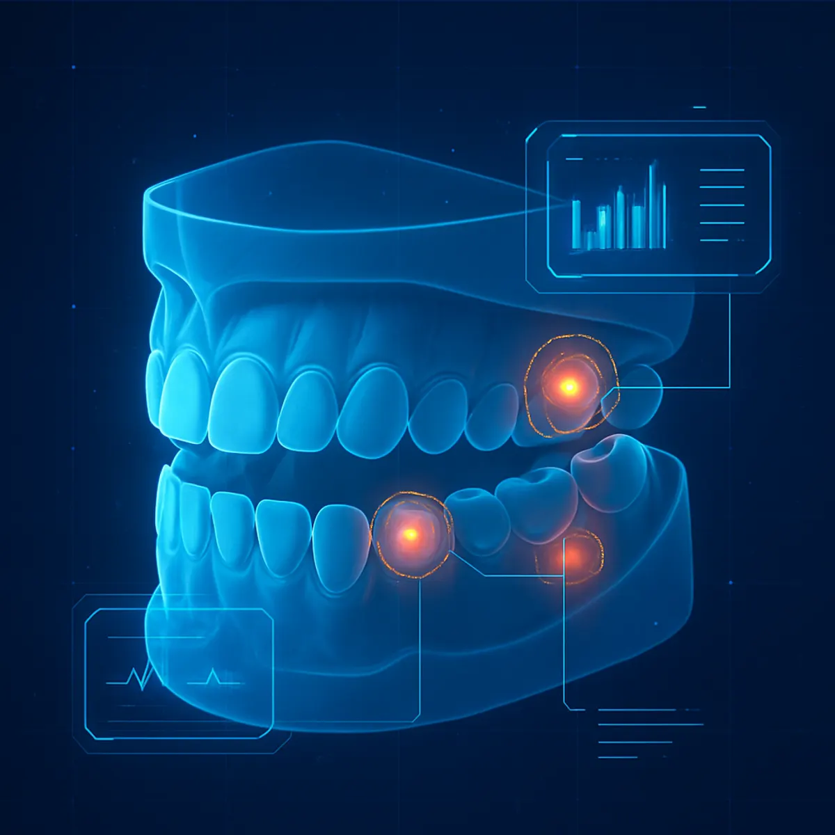 AI diagnostics highlighting areas of interest on a 3D dental model