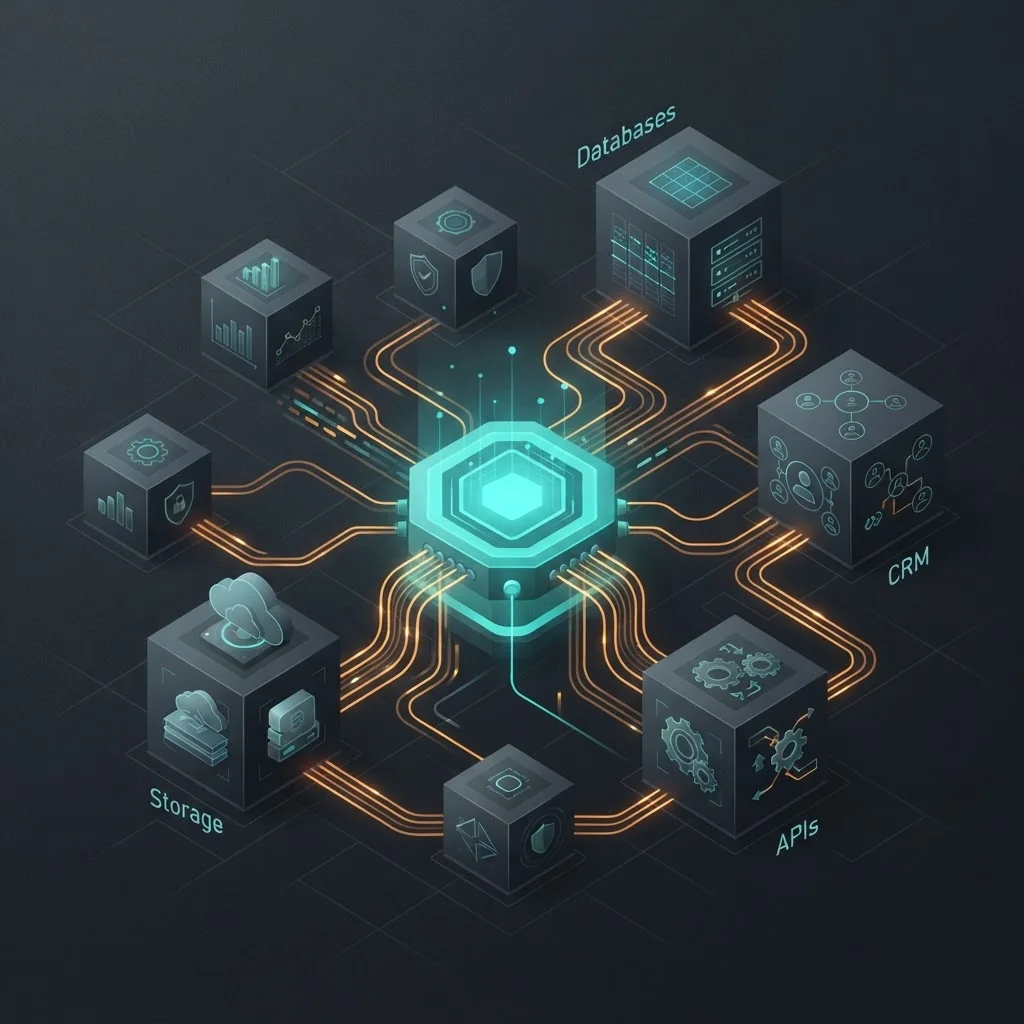 Enterprise integration hub connected to databases and APIs