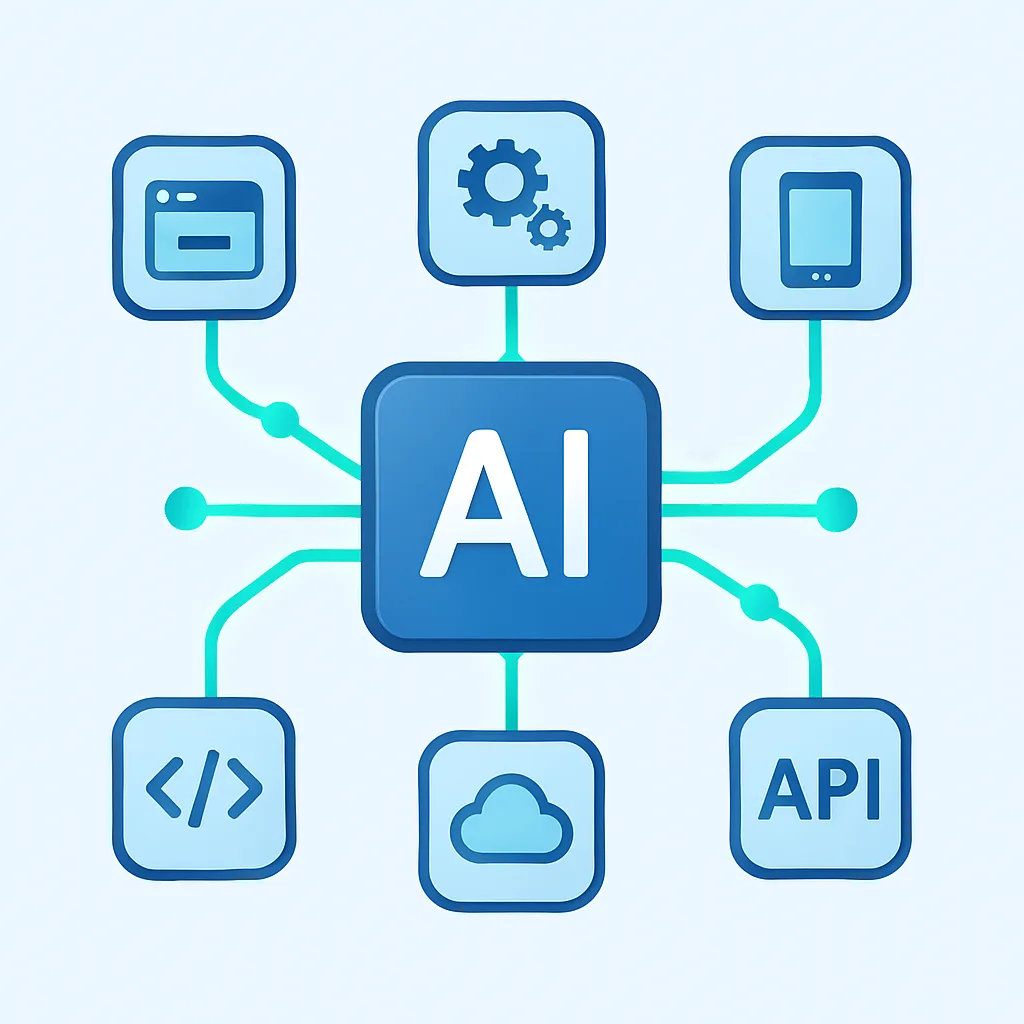 AI platform integrations hub connected to multiple app and API icons
