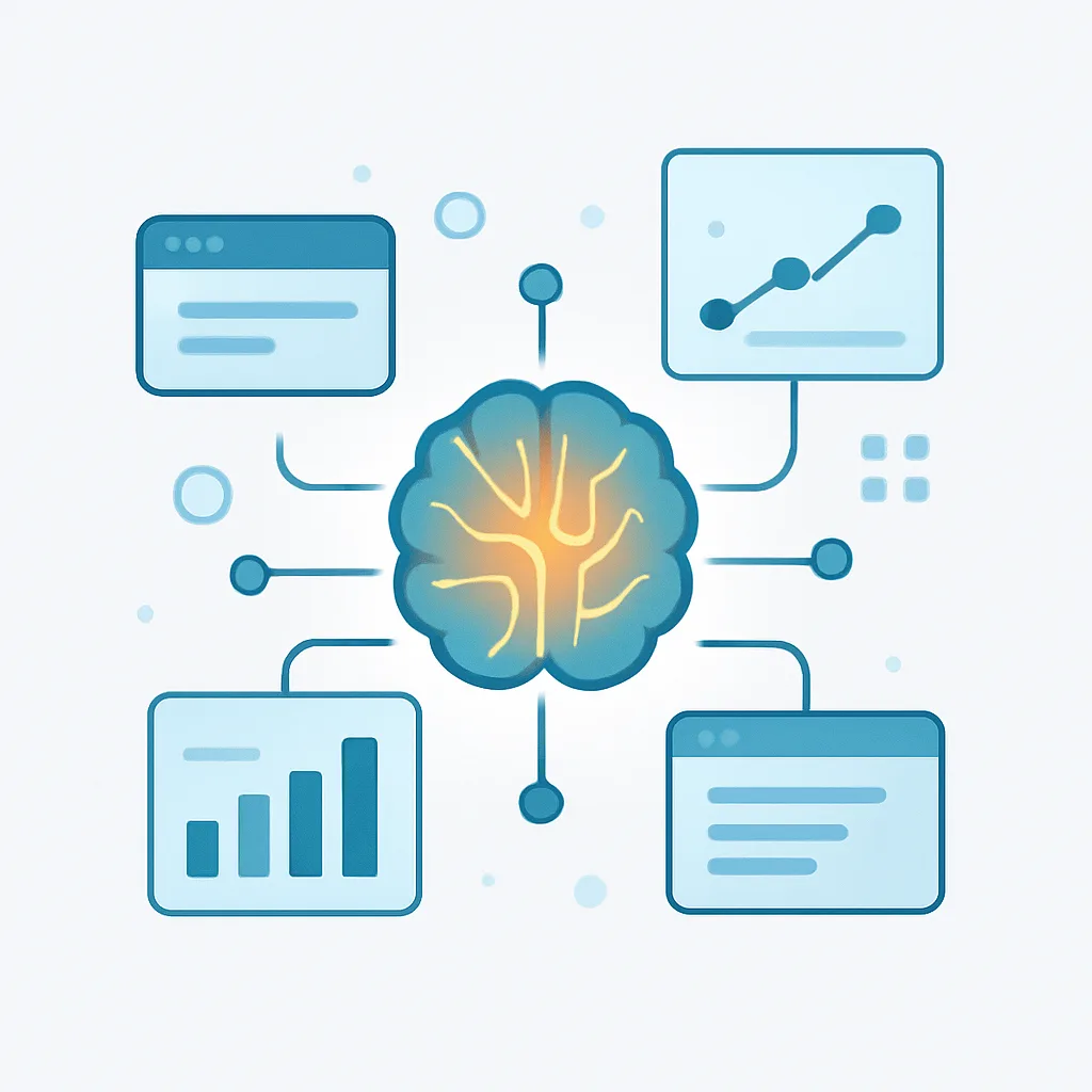 Overview of an AI platform with a central core and connected panels