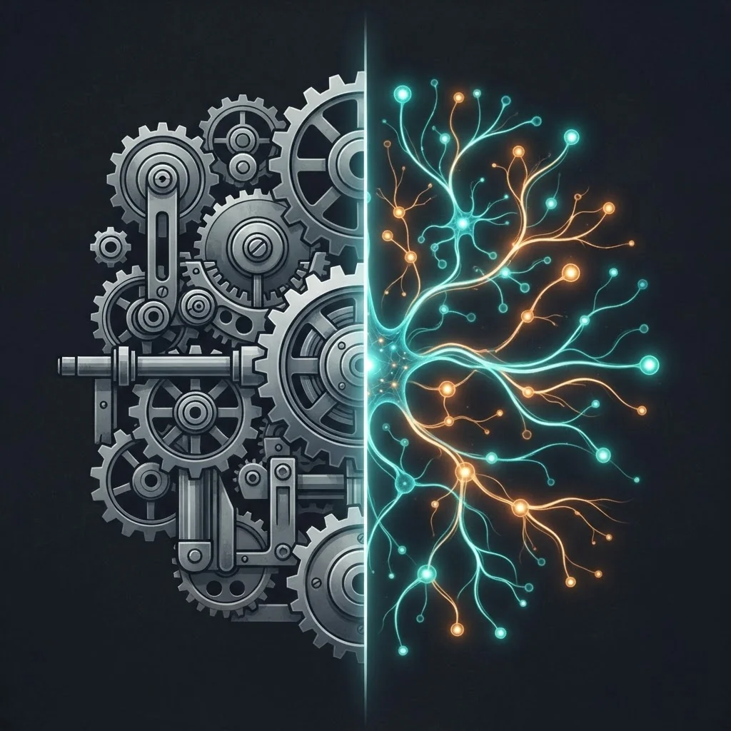 Comparison of rigid rule based automation versus adaptive AI