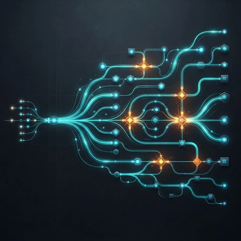 Abstract AI workflow automation pipeline with decision nodes