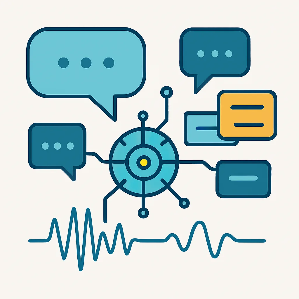 Natural language processing concept with speech tokens connected to an AI core