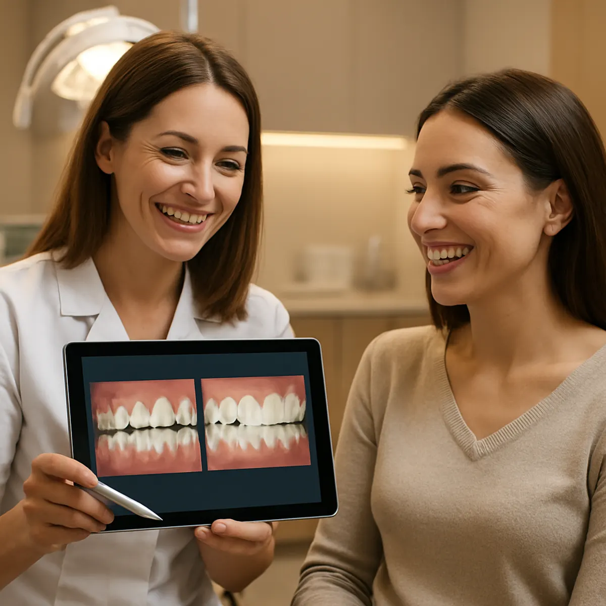 Dentist showing a patient a 3D scan visualization on a tablet