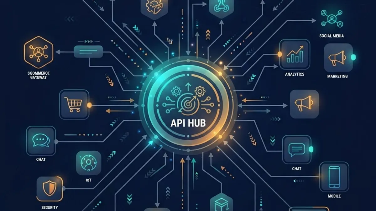 API integration ecosystem with webhooks connecting third-party services