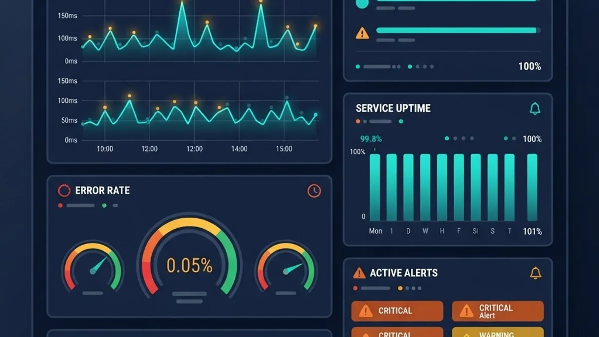 Monitoring and observability dashboard with latency charts and alerts