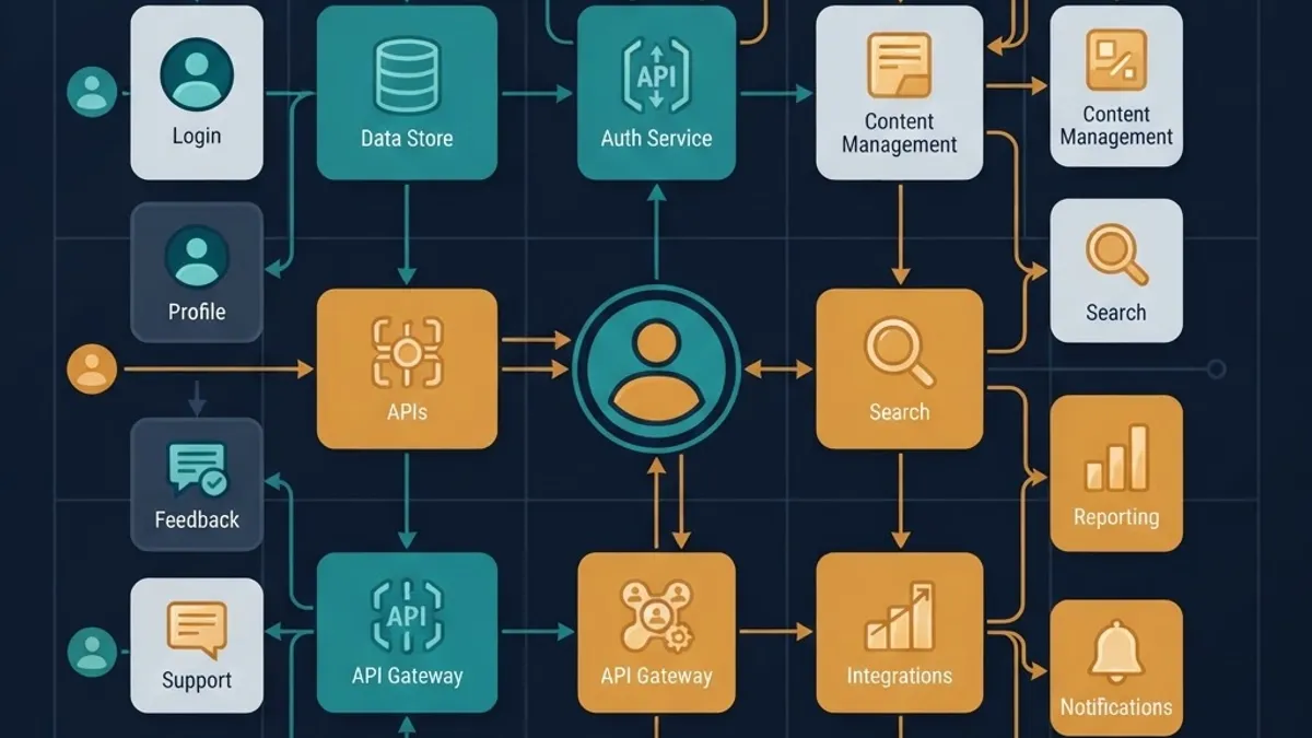 Jagcoddevops web application feature map showing connected modules and services