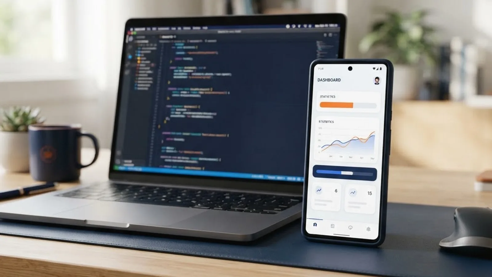 Android smartphone and laptop showing Java mobile app development