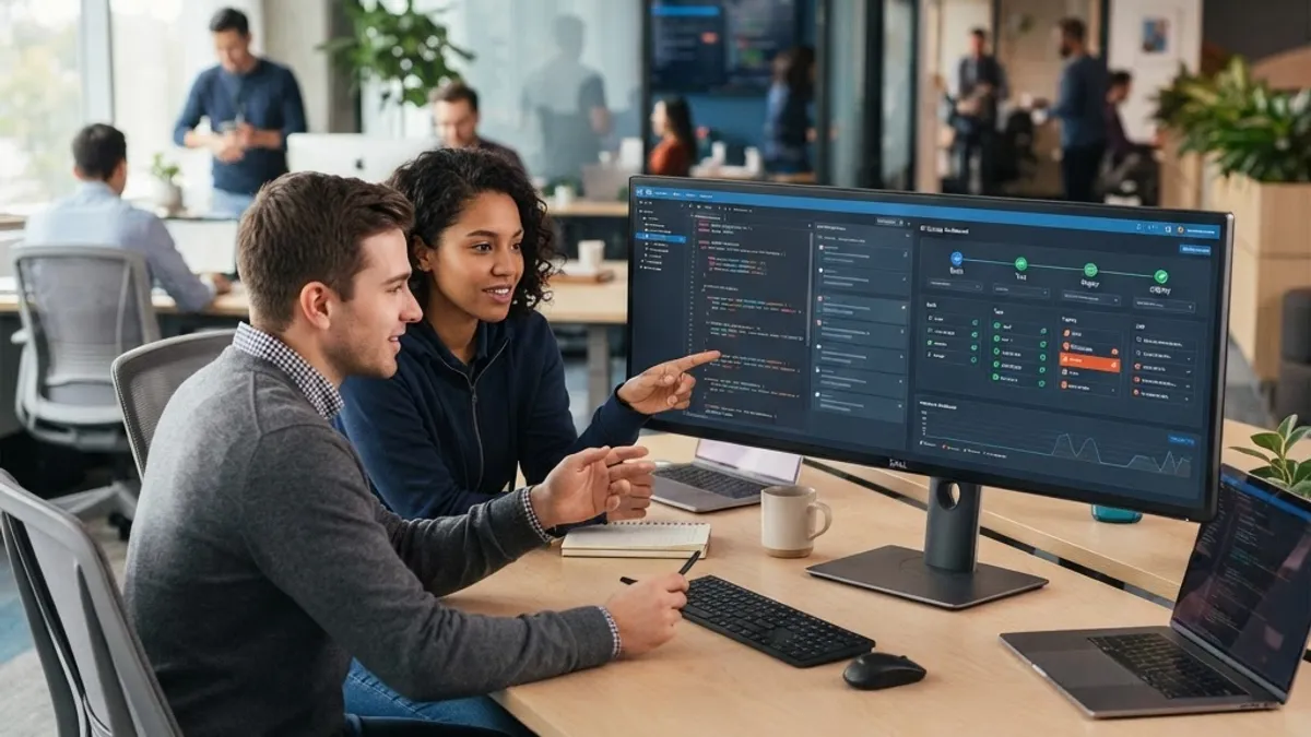 Engineers performing a code review with test results and CI dashboard