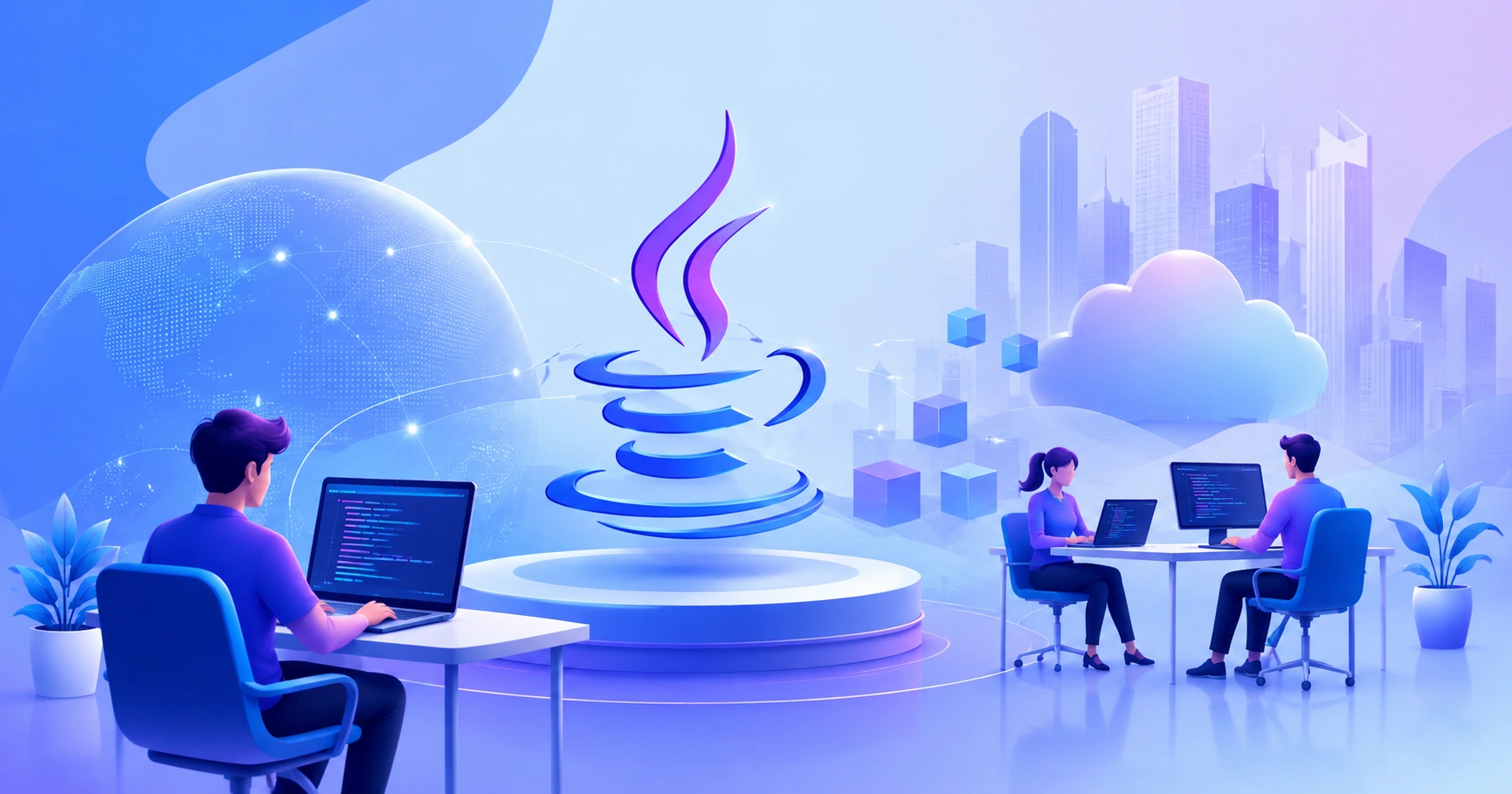 Java development companies workspace with enterprise code and architecture diagrams