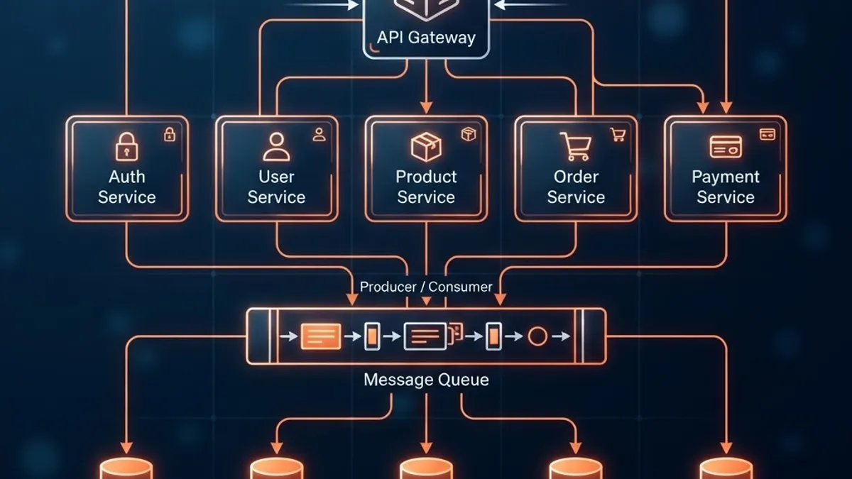 Microservices architecture diagram with API gateway, queues, and databases