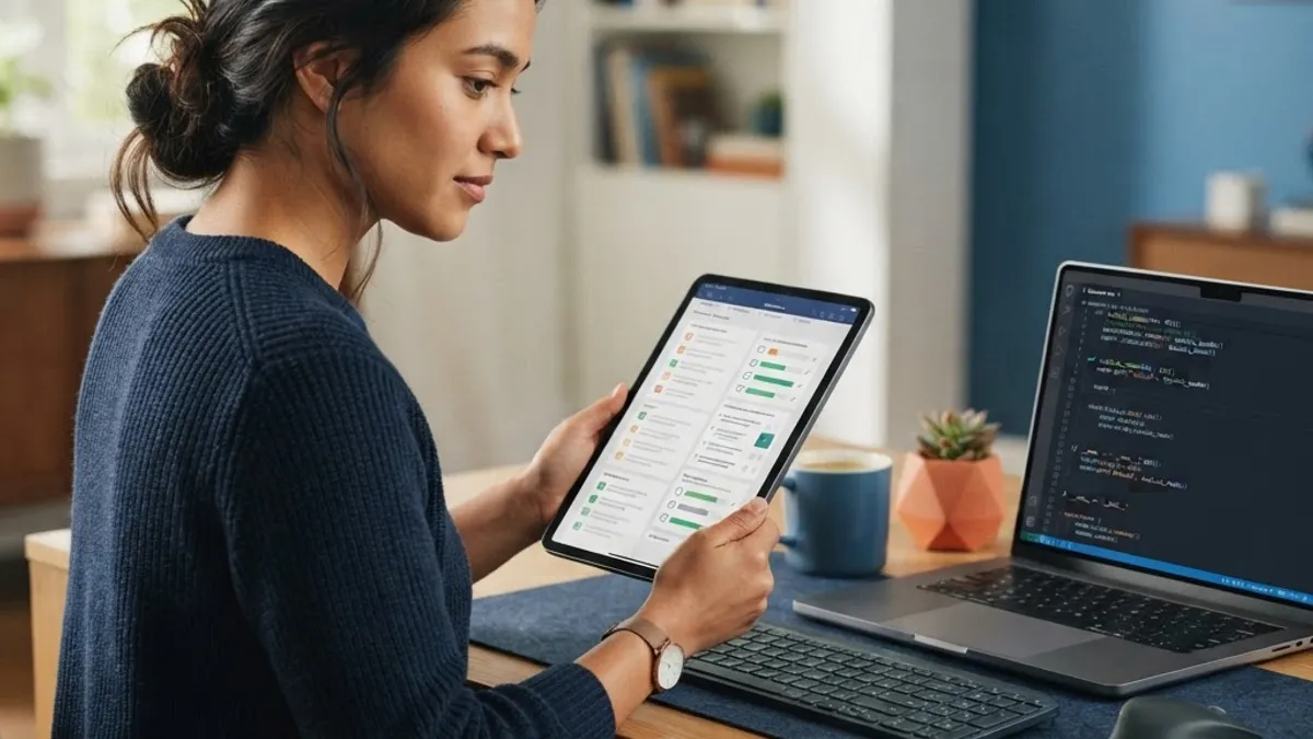 Developer reviewing a technical evaluation checklist beside backend code