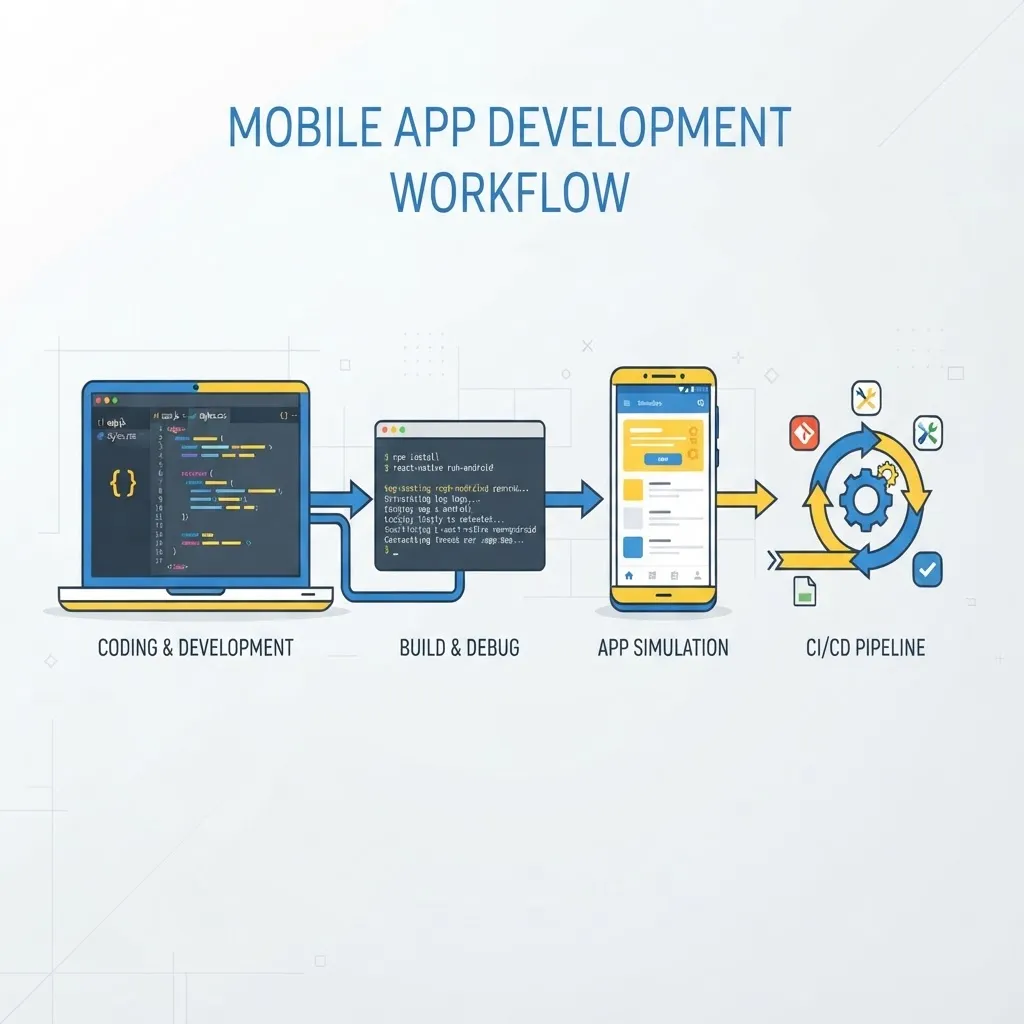 JavaScript mobile app development workflow from code editor to CI pipeline