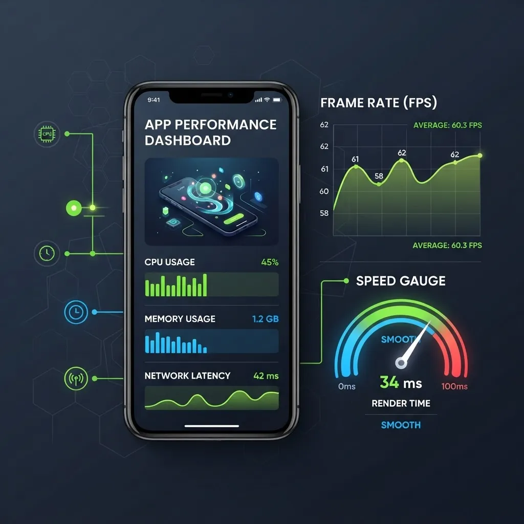 Mobile app performance graph showing frame rate and speed metrics