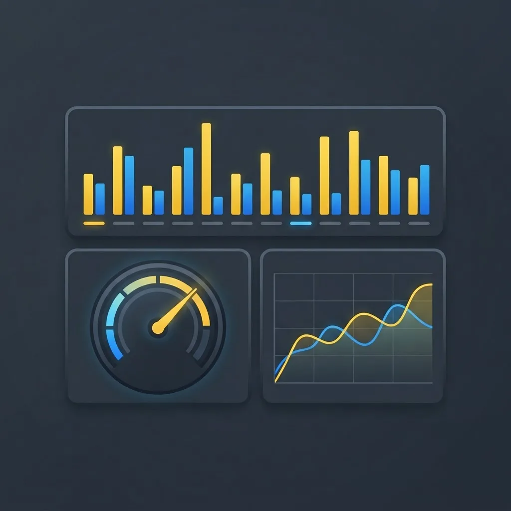 Performance benchmark dashboard with bar charts and a gauge