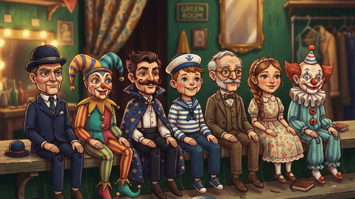 Lineup of colorful ventriloquist puppet characters backstage