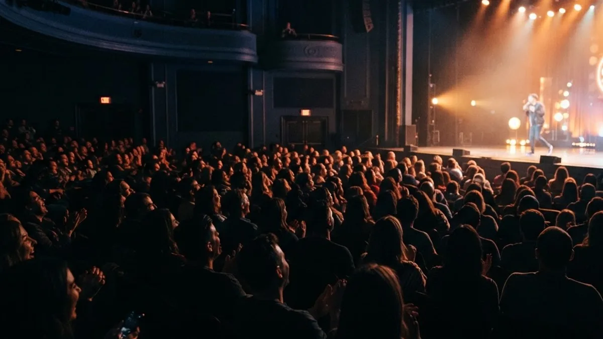 Live theater audience laughing during comedy show