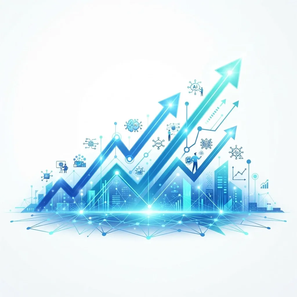 Illustration of AI future trends with growth arrows and a glowing horizon