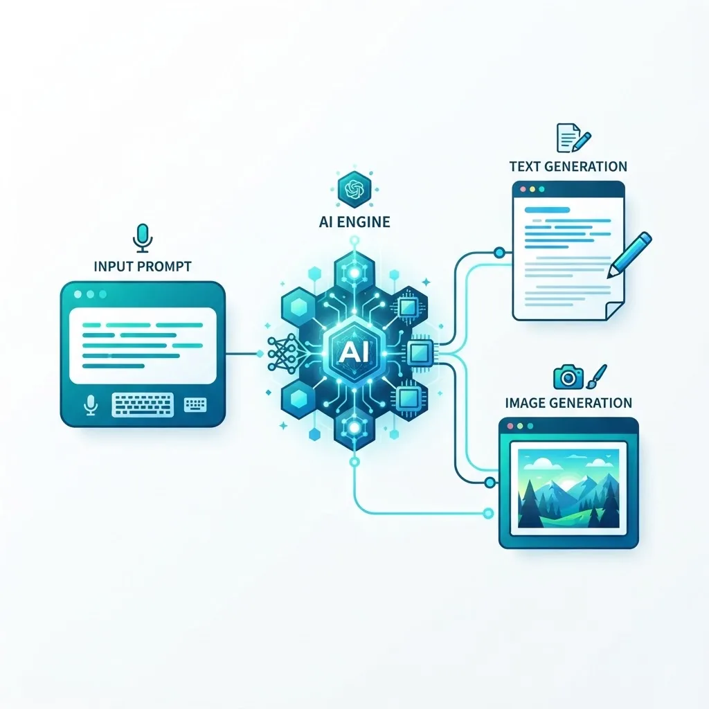 Workflow showing a text prompt generating AI text and image outputs