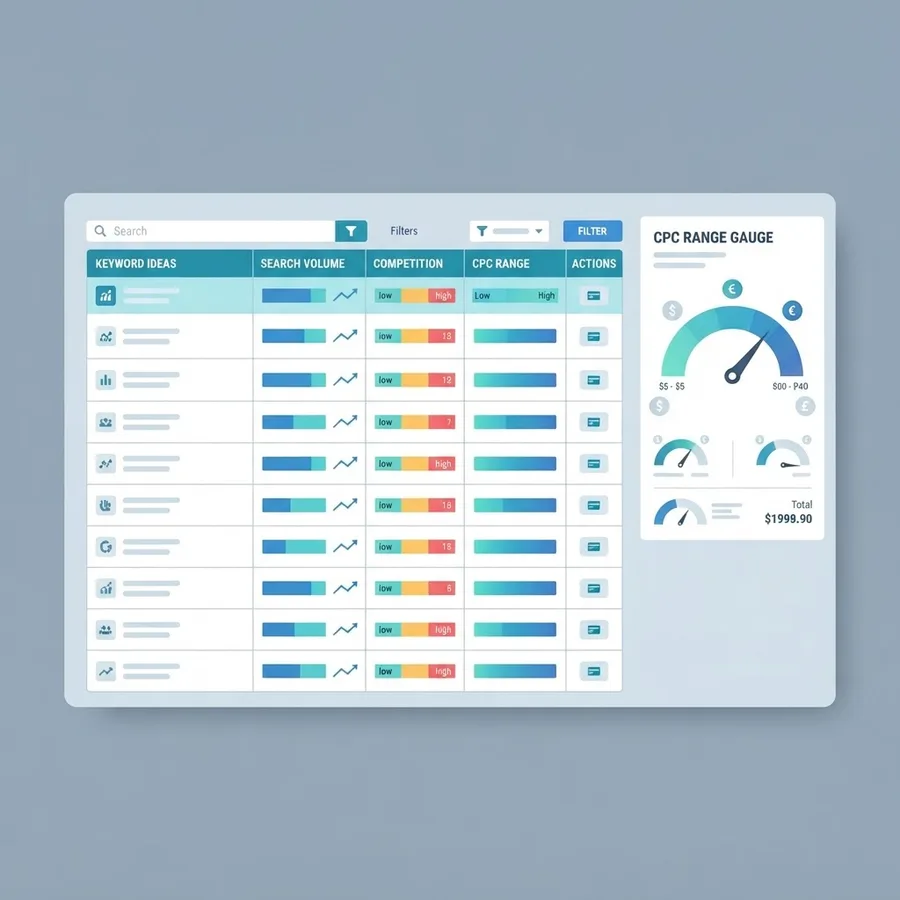 Keyword planner table with search volume bars and cost per click bid range gauge