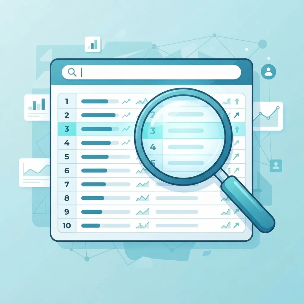 Keyword ranking tracking with magnifying glass over ranked list