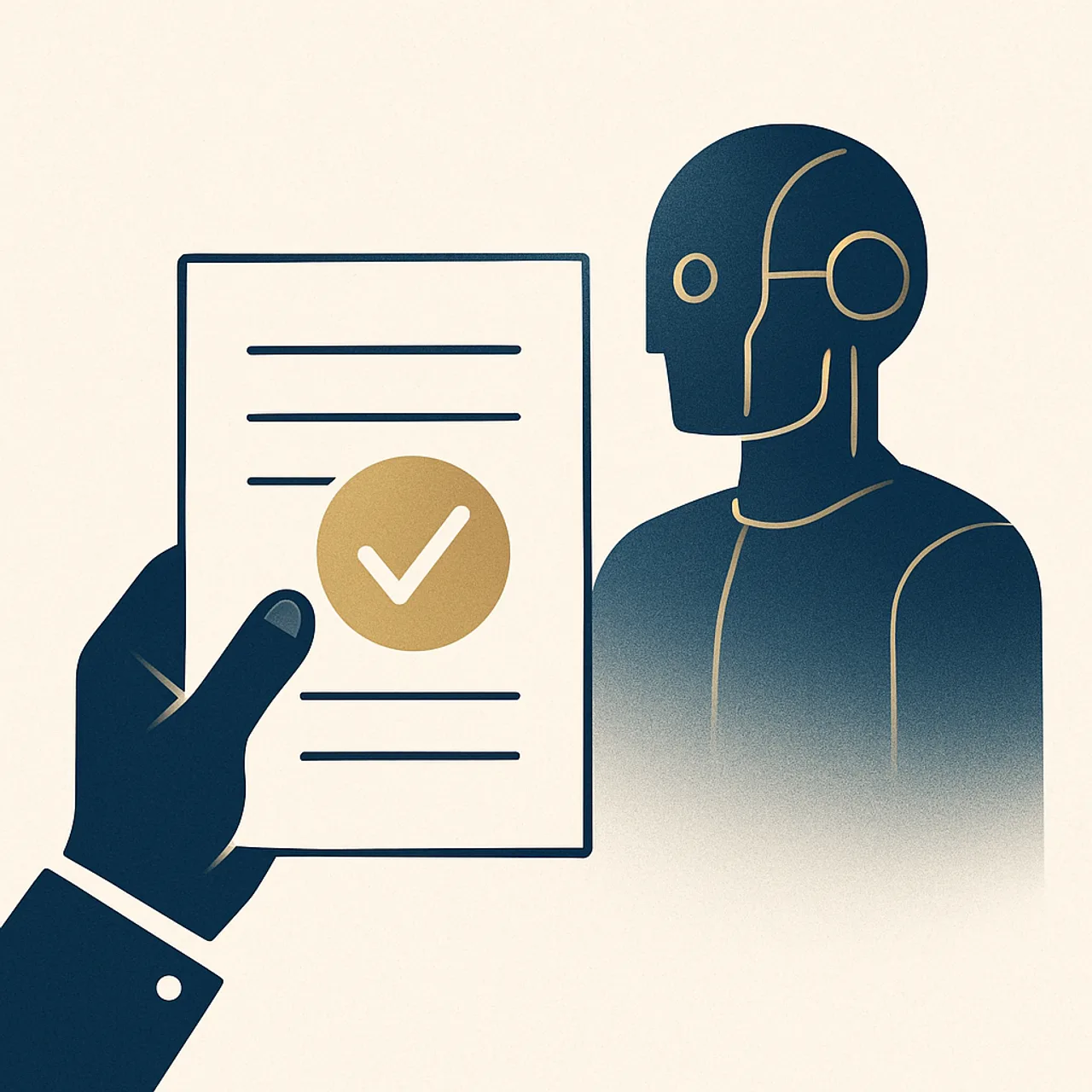 Hand approving documents with a checkmark while an AI element waits in the background