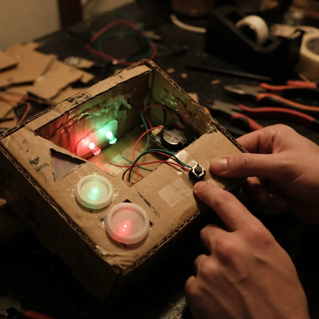 LED string lights taped inside a cardboard robot chest panel