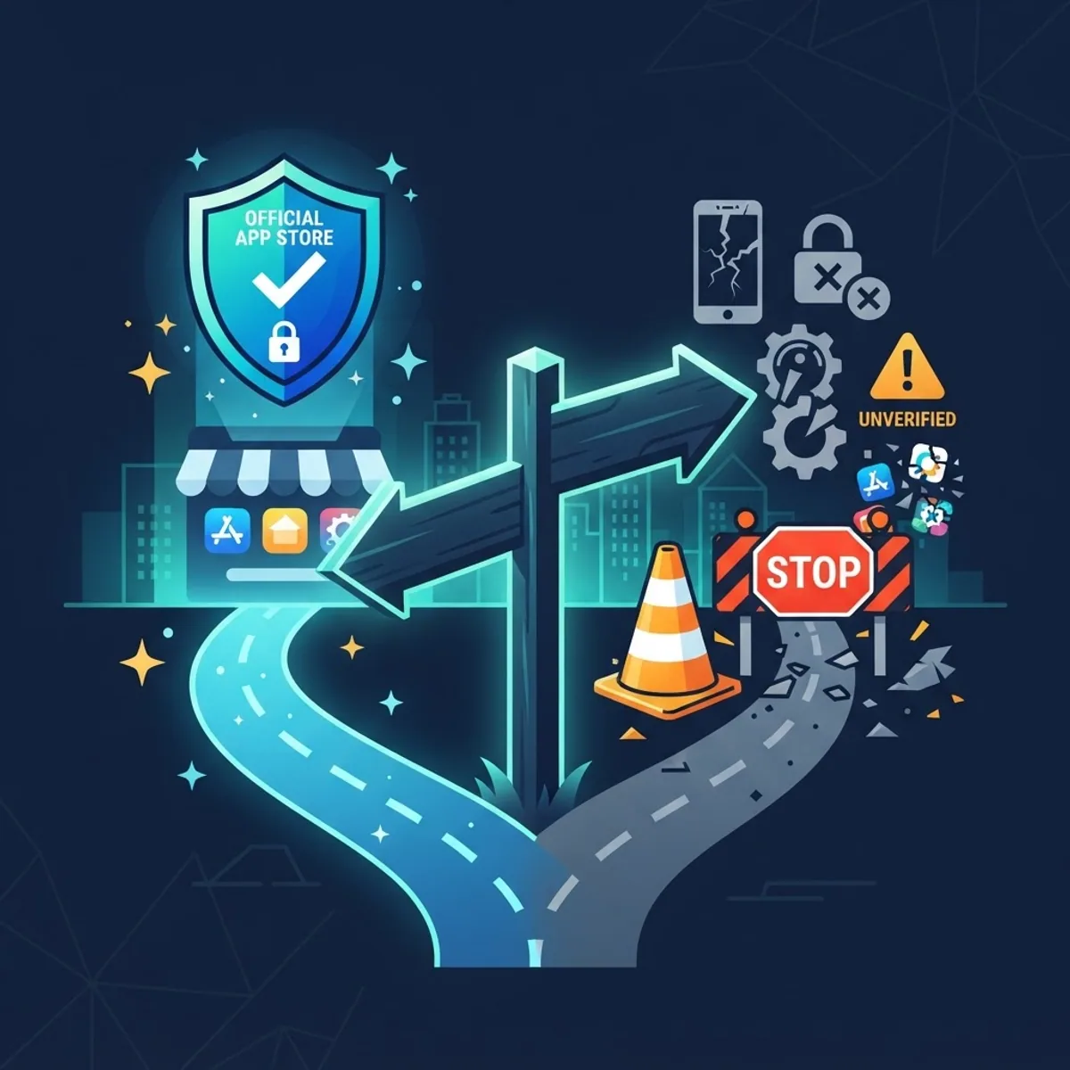 Signpost comparing a verified official app store path with a blocked risky path