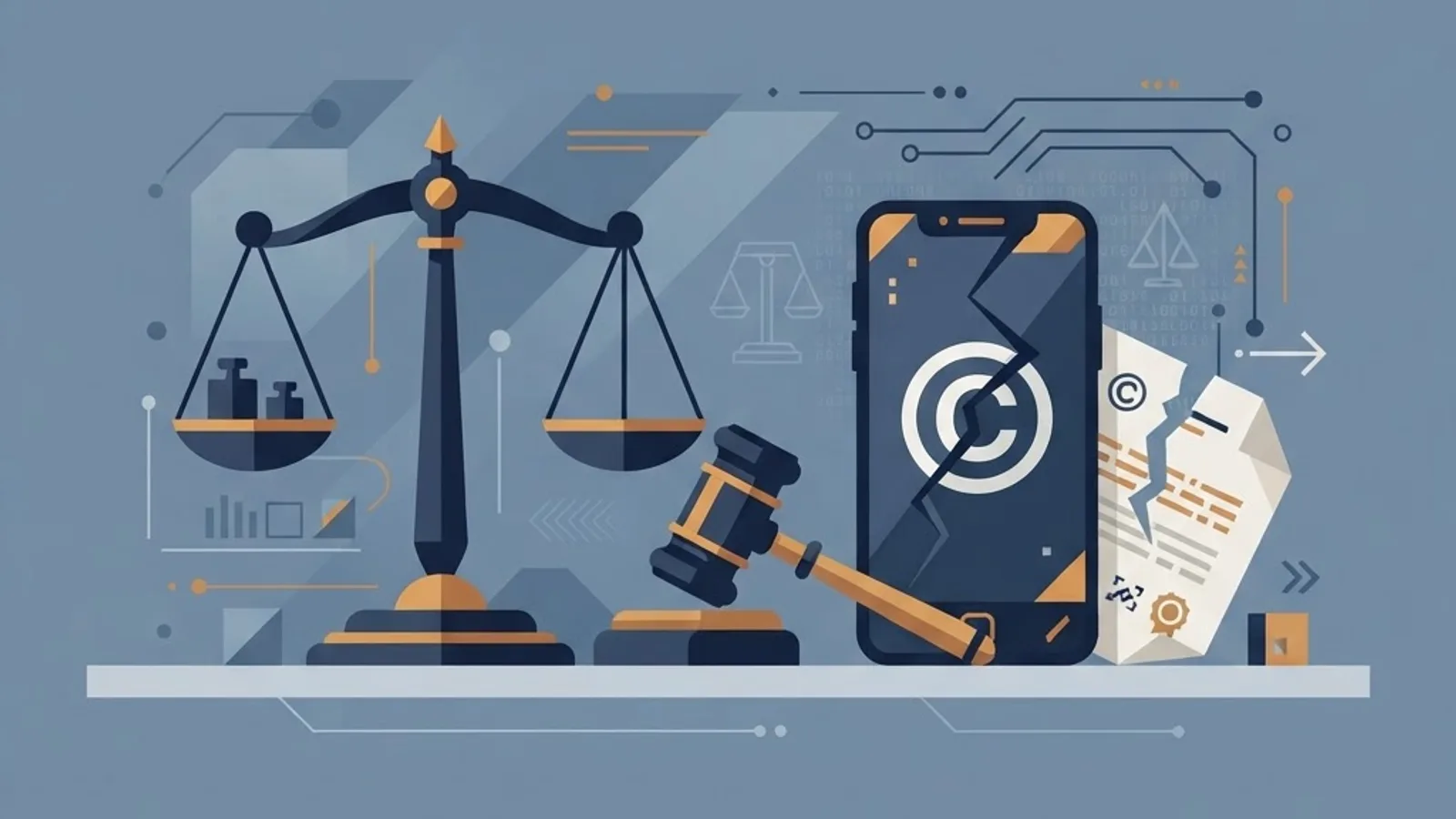Legal risks of modified apps illustrated with a gavel, scales and a broken licence document