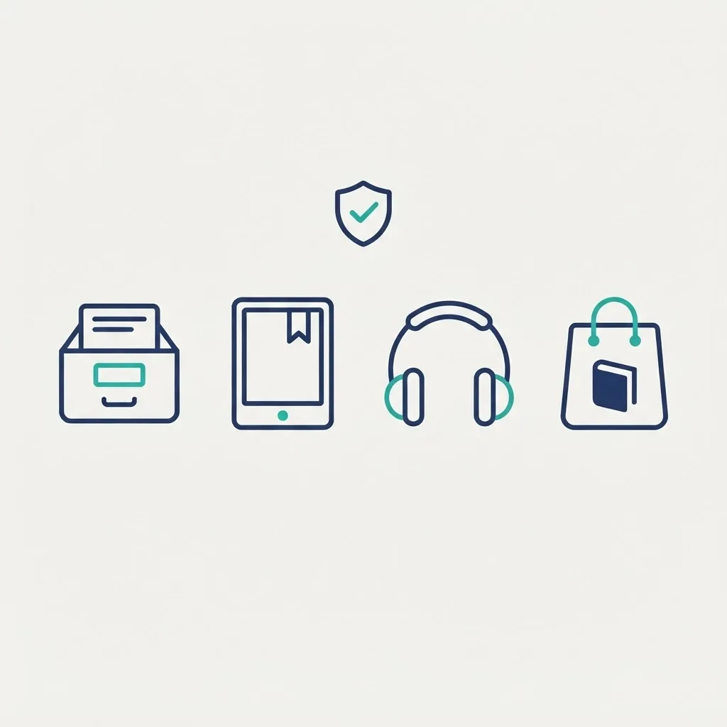 Icons showing a library catalog, e-reader, headphones and shopping bag with a verified badge
