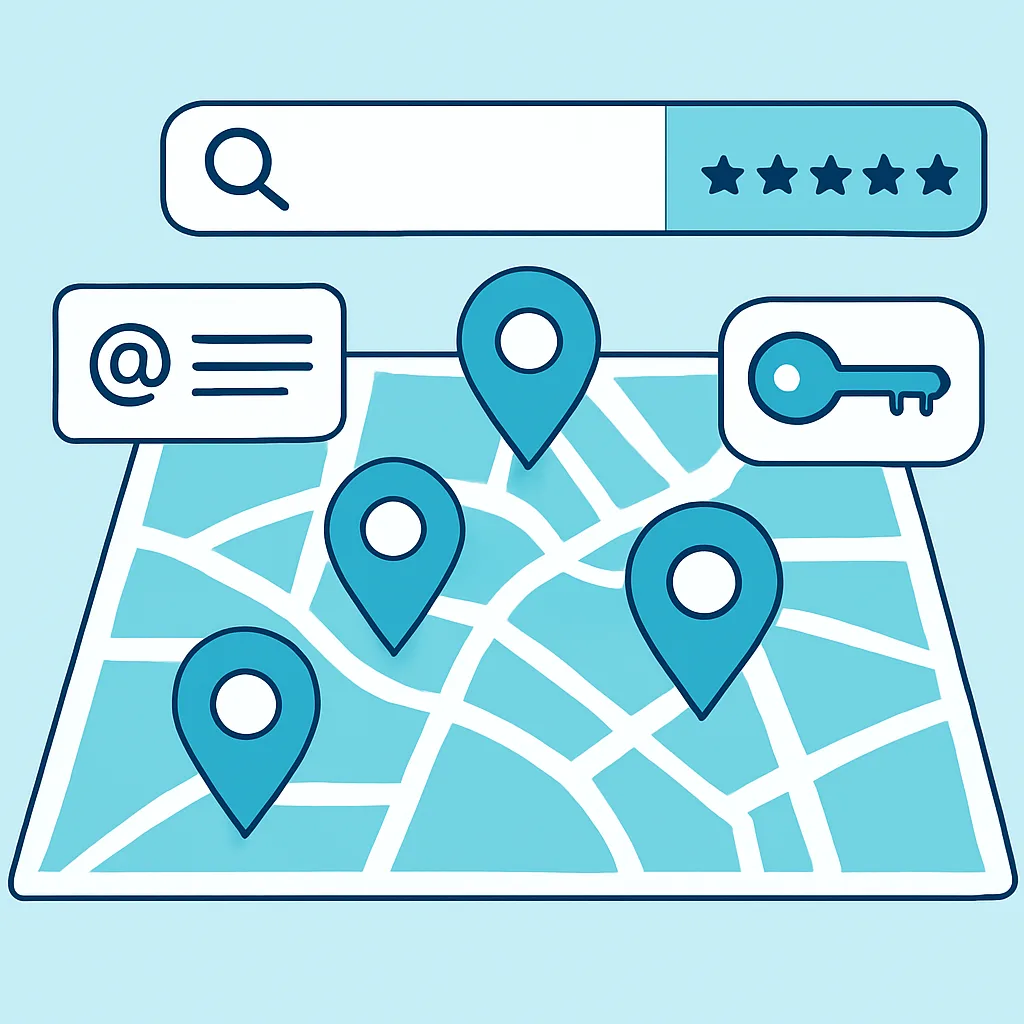 Local SEO strategy with map pins, reviews, and keywords