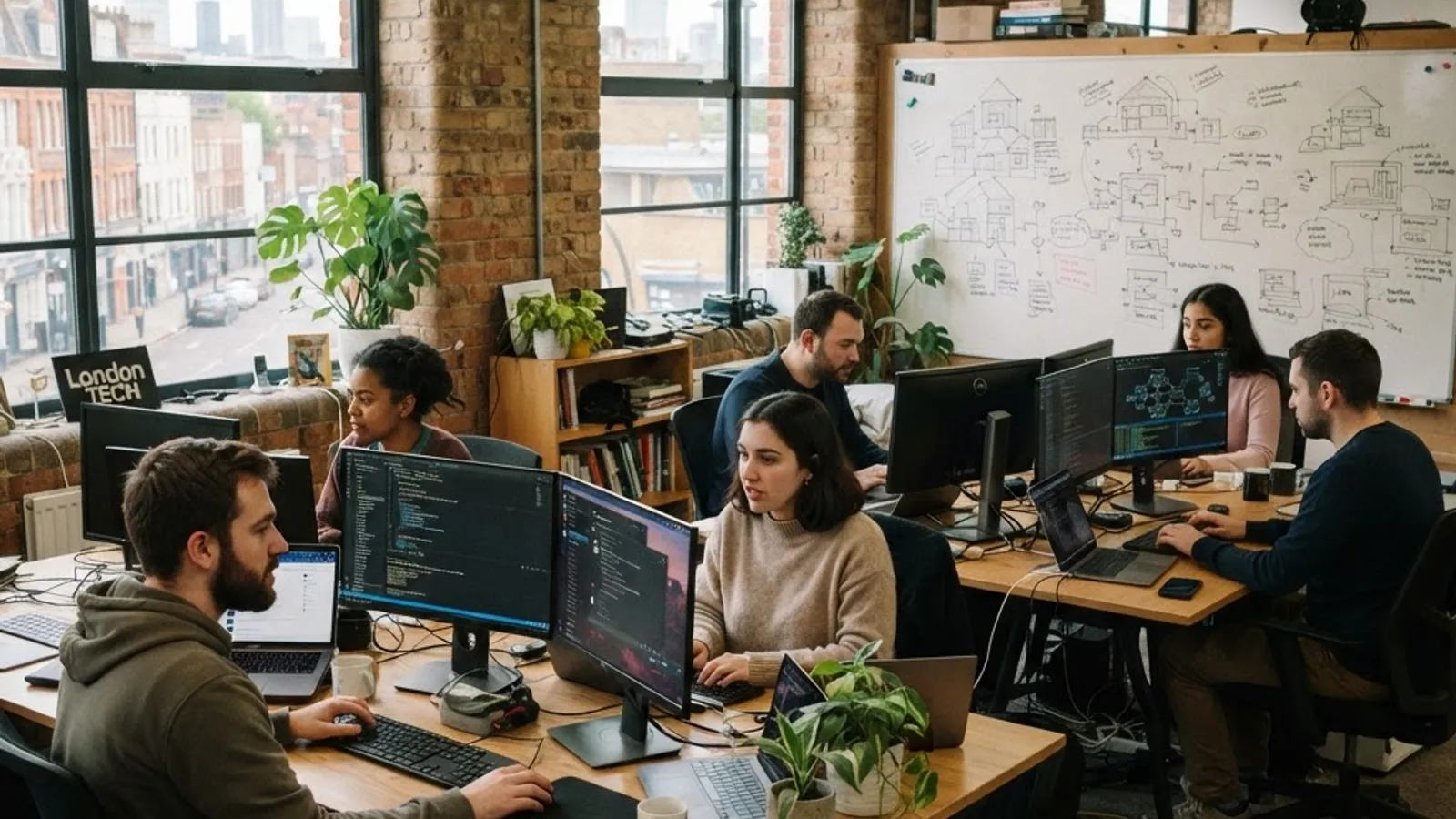 London tech startup engineering team working in a loft office