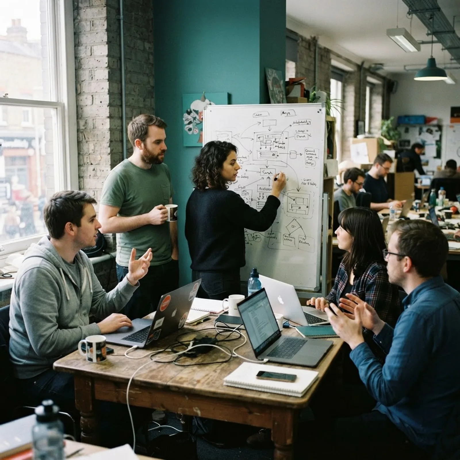 Small London tech startup team planning an engineering hire around a whiteboard