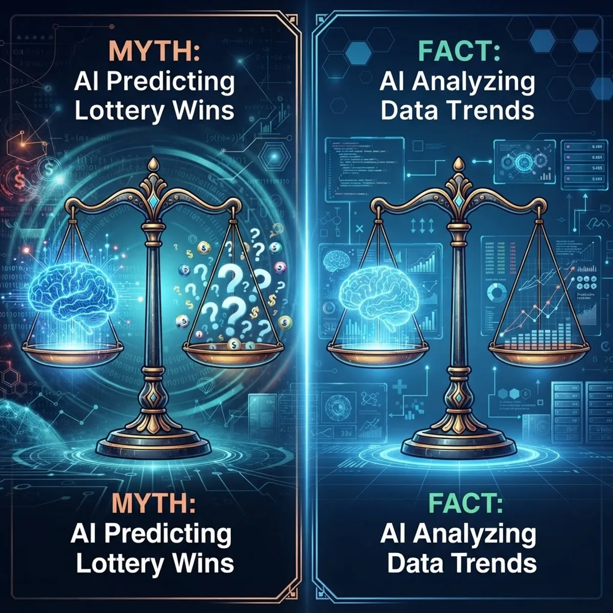 Balance scale weighing AI brain against question marks representing myth versus fact