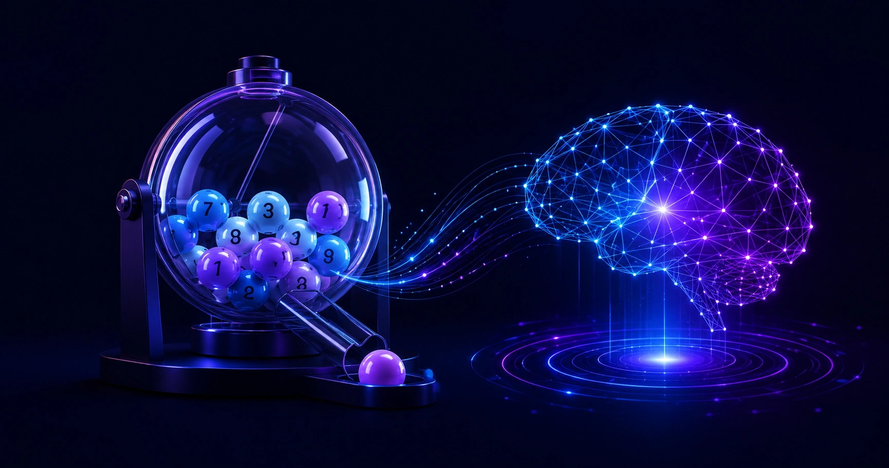 Artificial intelligence analyzing glowing lottery numbers on a data dashboard